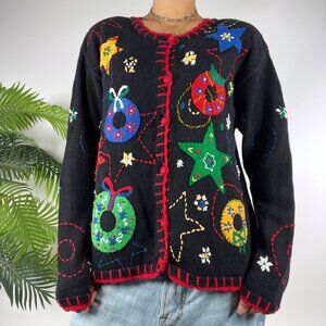 Vintage 90s Black Holiday Grandmacore Ugly Christmas Sweater Knit Cardigan / M